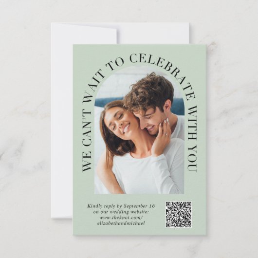 Cartons Réponse Elégant Arc Photo QR Code Sage Green Mariage (Devant)