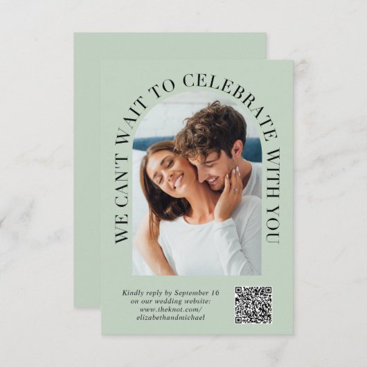 Cartons Réponse Elégant Arc Photo QR Code Sage Green Mariage (Devant / Derrière)