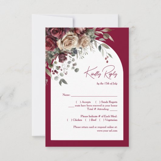 Cartons Réponse Elégant Arch Bourgogne & Crème Rose Mariage (Devant)