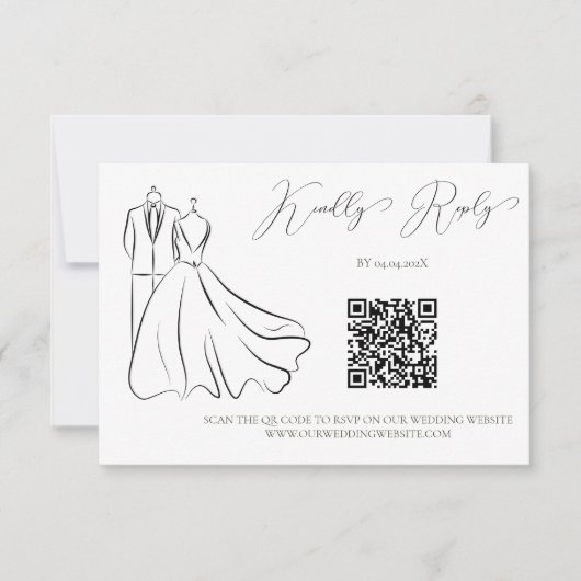 Cartons Réponse Élégant B&W Tux & Robe Mariage QR Code (Devant)