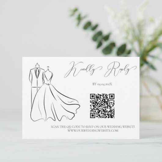 Cartons Réponse Élégant B&W Tux & Robe Mariage QR Code (Debout devant)