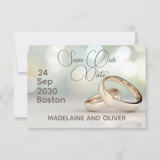 Cartons Réponse Elégant Bagues Or Photo Mariage Enregistrer La Dat (Devant)