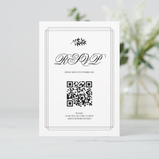 Cartons Réponse Elegant black and white branch and QR code wedding (Debout devant)