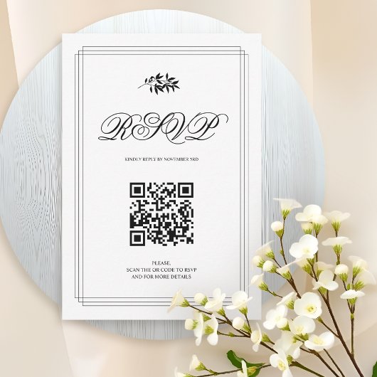 Cartons Réponse Elegant black and white branch and QR code wedding