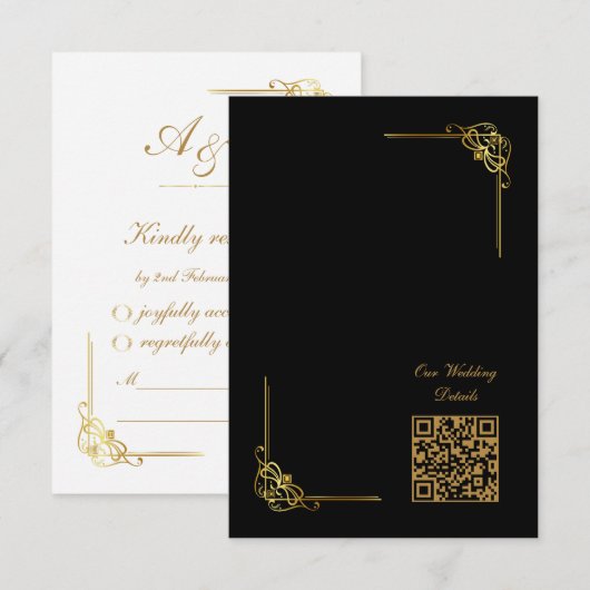 Cartons Réponse Elegant Black Gold Wedding Event QR Code (Devant / Derrière)