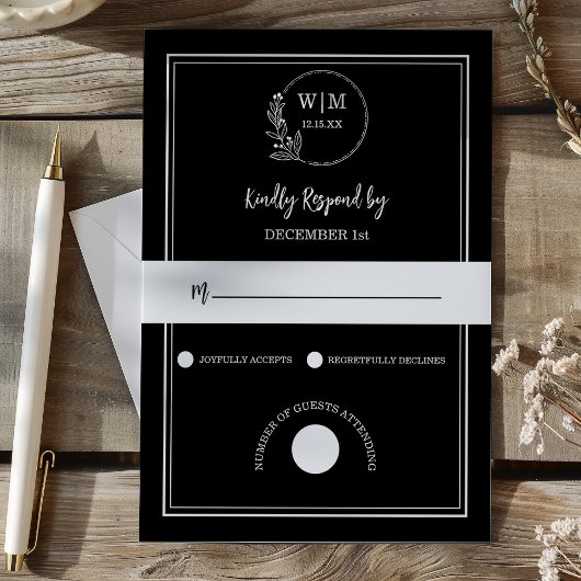 Cartons Réponse Elegant Black Line Drawing Monogram Wedding