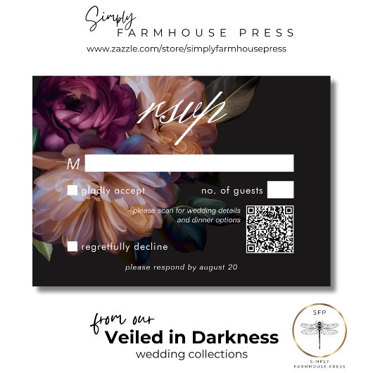 Cartons Réponse Elégant Black Moody Floral Mariage QR Code