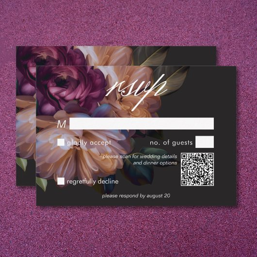 Cartons Réponse Elégant Black Moody Floral Mariage QR Code