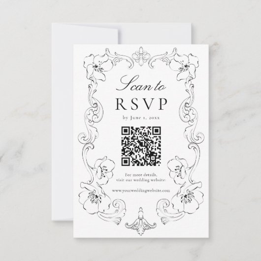 Cartons Réponse Elegant Black Ornate Floral QR Code Wedding (Devant)