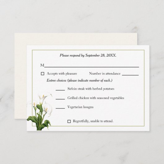 Cartons Réponse Elégant blanc Calla Lily (Devant / Derrière)