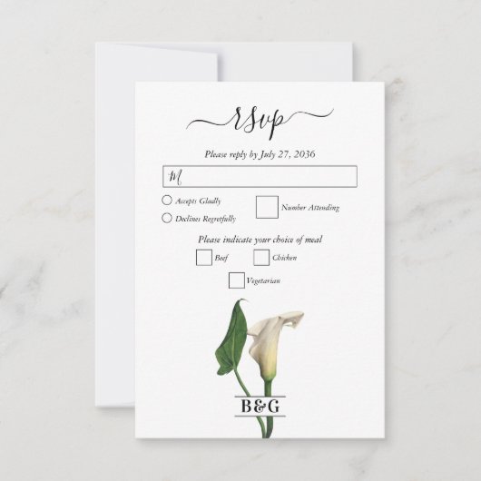 Cartons Réponse Elégant blanc Calla Lily Vert Mariage botanique (Devant)