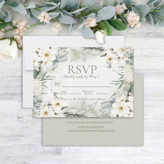 Cartons Réponse Elégant Blanc Floral Sage Vert Feuille Mariage RSV