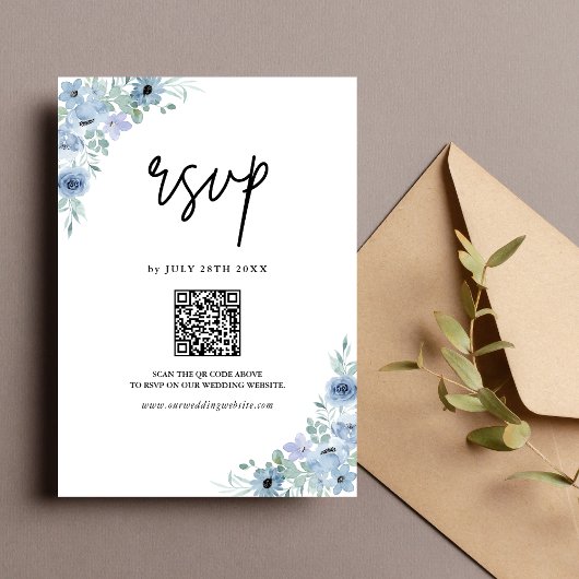 Cartons Réponse Elégant bleu bleu bleu floral QR Code Mariage