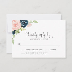 Cartons Réponse Elégant bleu bleu marine bleu Mariage floral