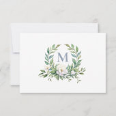 Cartons Réponse Élégant Bleu Floral Crest Monogramme Mariage (Dos)