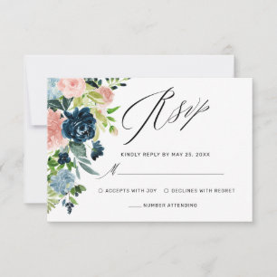 Cartons Réponse Elégant bleu marine Rose flou Mariage floral