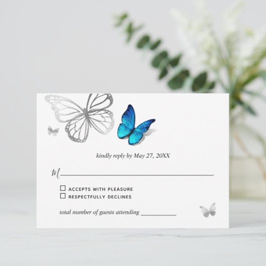 Cartons Réponse Elégant Bleu Papillon Rustique Mariage d'aquarelle (Debout devant)