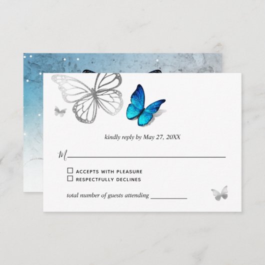 Cartons Réponse Elégant Bleu Papillon Rustique Mariage d'aquarelle (Devant / Derrière)