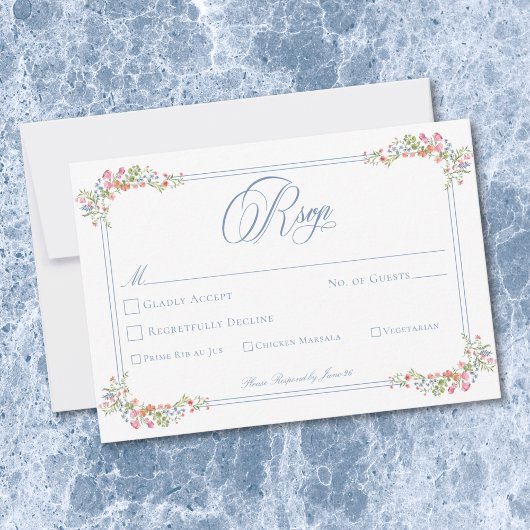 Cartons Réponse Elegant Blue Pastel Wildflower Border Wedding