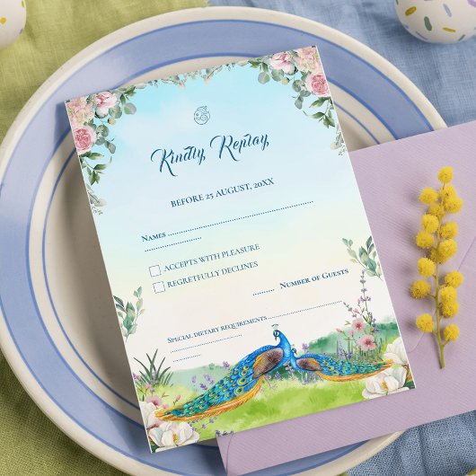Cartons Réponse Elegant Blue Peacock Floral Wedding Theme