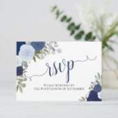 Cartons Réponse Elégant Blue Roses Floral Calligraphie Mariage RSV (Debout devant)
