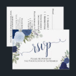 Cartons Réponse Elégant Blue Roses Floral Calligraphie Mariage RSV<br><div class="desc">Ces belles cartes RSVP vous permettront de répondre facilement à vos faire-part de mariage. Elles présentent un élégant design boho floral avec une calligraphie en dentelle et des roses aquarelles peints à la main dans des tons bleu poussiéreux, bleu marine et indigo. Le verso de la carte est un formulaire...</div>
