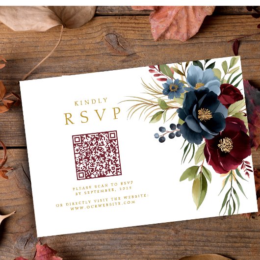 Cartons Réponse Elégant Bourgogne Floral Bloom QR code mariage RSV