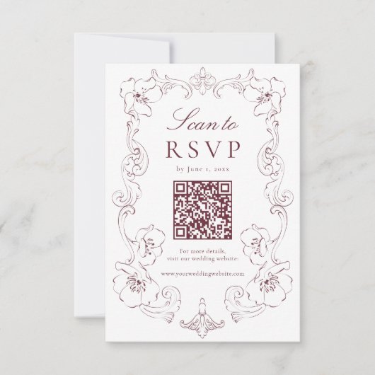 Cartons Réponse Elegant Burgundy Ornate Floral QR Code Wedding (Devant)