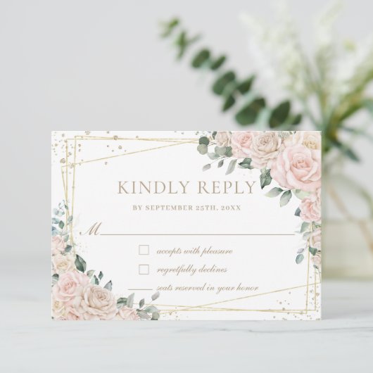 Cartons Réponse Elégant Champagne Blush Rose Floral Mariage (Debout devant)