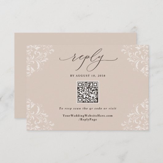 Cartons Réponse Elégant Champagne Tan Neutre Mariage QR Code (Devant / Derrière)