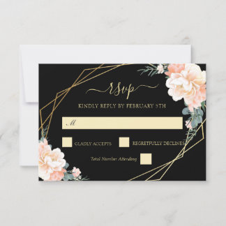 Cartons Réponse Élégant Chic Black Gold Blush Peach Floral Mariage