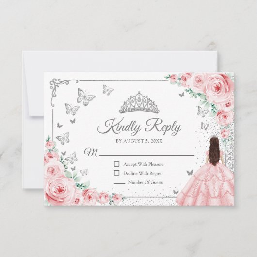 Cartons Réponse Elegant Chic Pink Silver Quinceanera Reply (Devant)