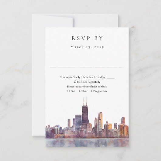 Cartons Réponse Elegant Chicago Skyline Watercolor Wedding (Devant)