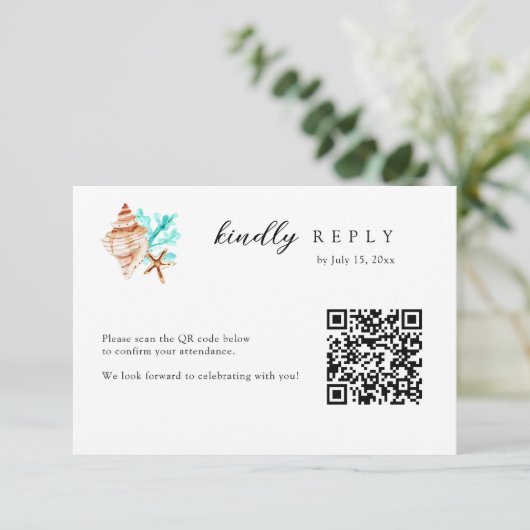 Cartons Réponse Elegant Coastal Seashell QR Code Beach Wedding (Debout devant)