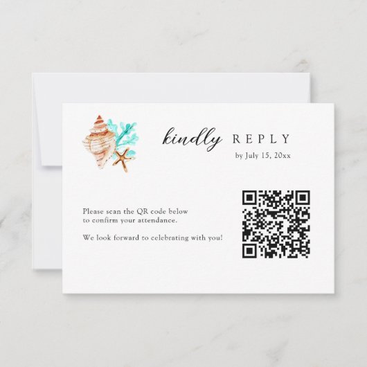 Cartons Réponse Élégant code QR coquillages marins mariage plage (Devant)