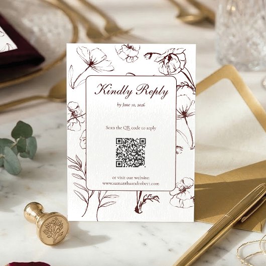 Cartons Réponse Élégant Code QR de mariage avec dessins de fleurs
