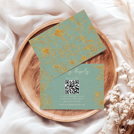 Cartons Réponse Élégant Code QR de Mariage Fleur Vert Sauge Or