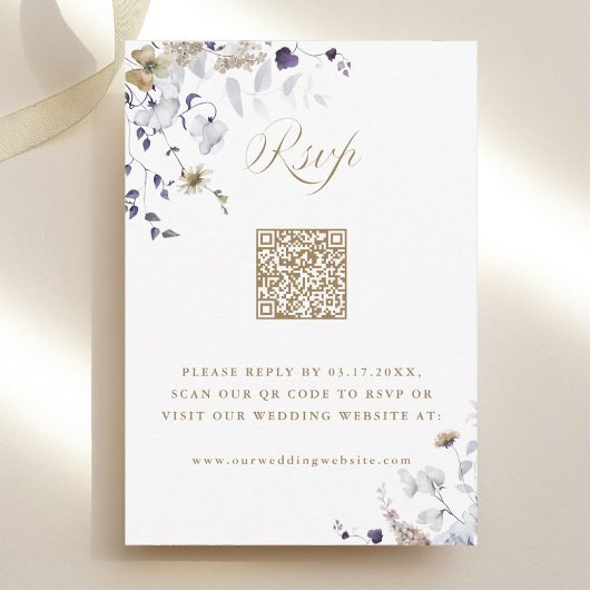 Cartons Réponse Élégant Code QR de Mariage Floral Violet Blanc Or