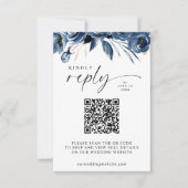 Cartons Réponse Élégant Code QR Fleurs Bleu Marine Écriture Mariag (Devant)