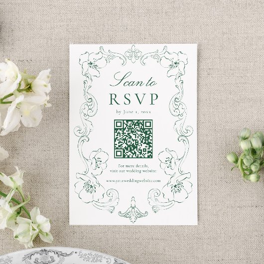 Cartons Réponse Élégant code QR floral orné vert mariage