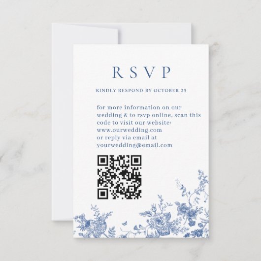 Cartons Réponse Élégant code QR Mariage de Flore Bleu Victorien (Devant)