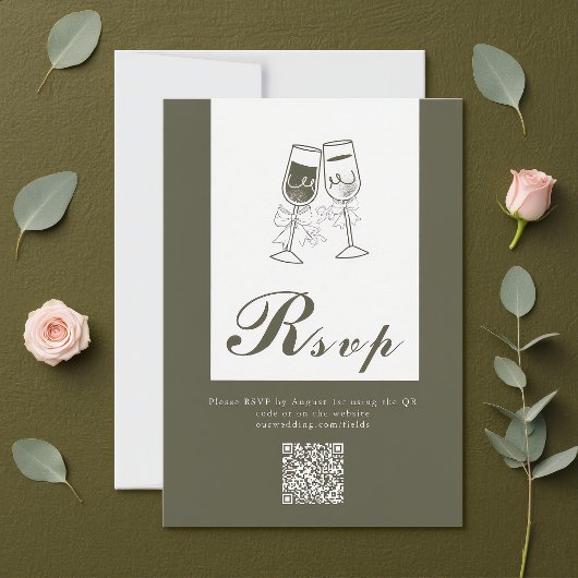Cartons Réponse Élégant Code QR Vert en Bois d'Olive Mariage