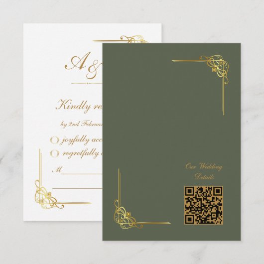 Cartons Réponse Elegant Dark Sage Gold Wedding Event QR Code (Devant / Derrière)