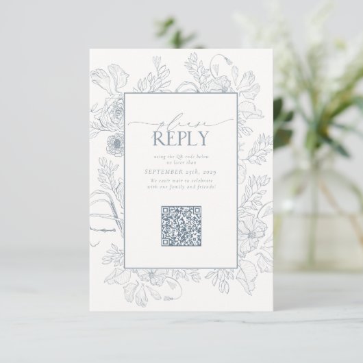 Cartons Réponse Elegant Dusty Blue Mariage QR Code S'il vous plaît (Debout devant)