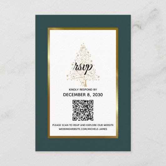 Cartons Réponse Élégant Emerald Gold Winter Wedding QR Code (Devant)