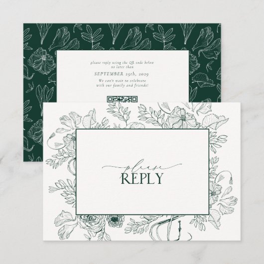 Cartons Réponse Élégant Emerald Green Floral Mariage QR Code (Devant / Derrière)