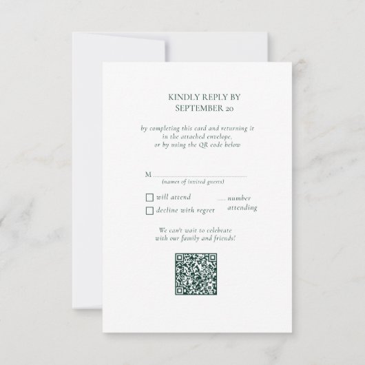 Cartons Réponse Élégant Emerald Green Mariage QR Code Repas (Dos)