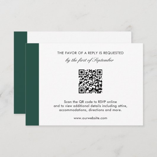 Cartons Réponse Élégant Emerald Green Moderne QR Code Mariage (Devant / Derrière)