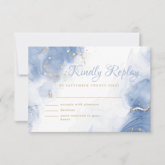 Cartons Réponse Élégant Encre d'alcool Or Bleu Minimal Blanc moder (Devant)