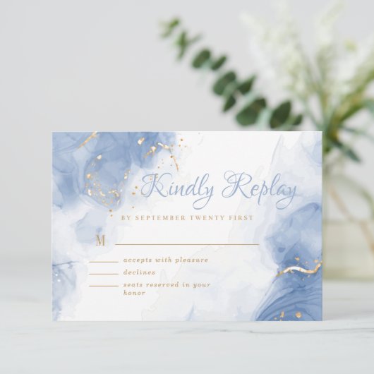 Cartons Réponse Élégant Encre d'alcool Or Bleu Minimal Blanc moder (Debout devant)
